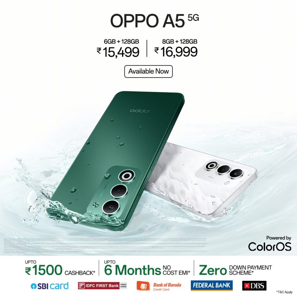 OPPO A5 5G Launched in India with 6000mAh Battery, 6.67-inch 120Hz Display, IP65 Rating, and 50MP Camera Starting at ₹15,499